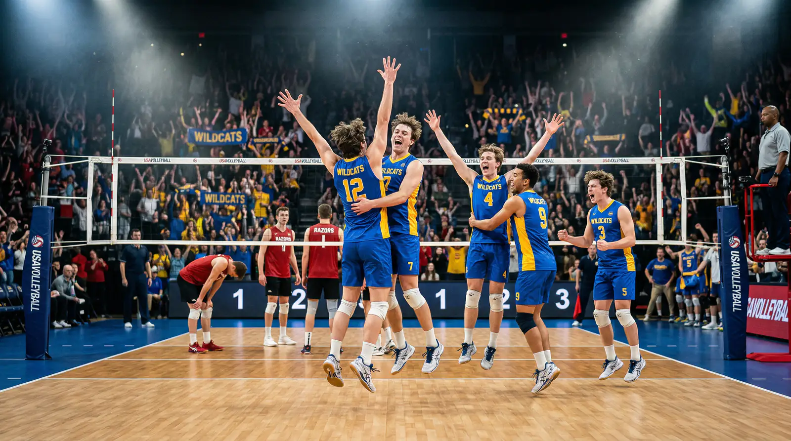 Volleyball-Team feiert einen überraschenden Satzgewinn in einer vollen Sporthalle