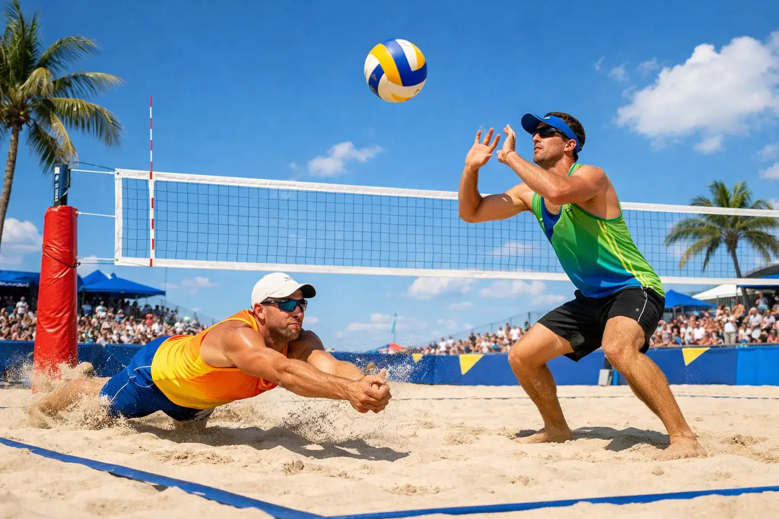Beachvolleyball-Spieler beim Match auf einem Sandplatz bei Sonnenschein