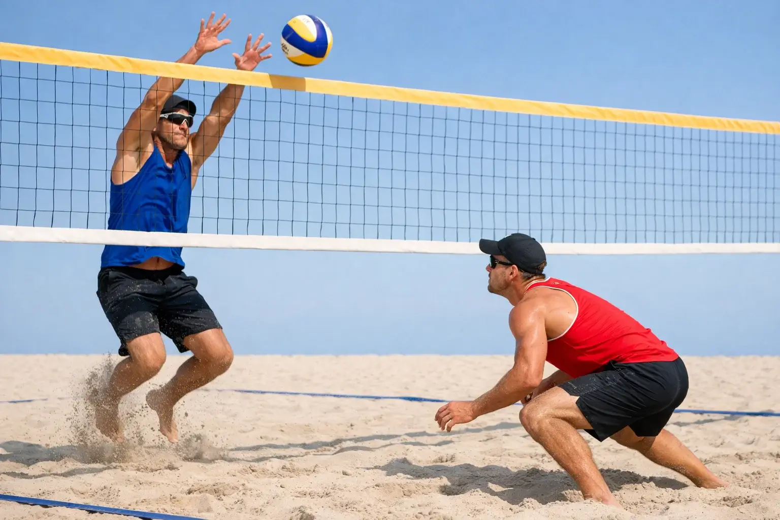 Zwei Beachvolleyball-Spieler auf sandigem Feld beim Angriff und Block