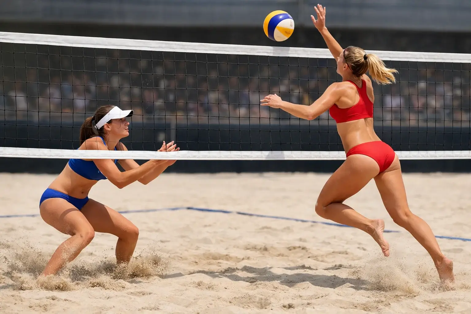 Beachvolleyball-Turnier bei starkem Wind mit wehenden Fahnen am Spielfeldrand