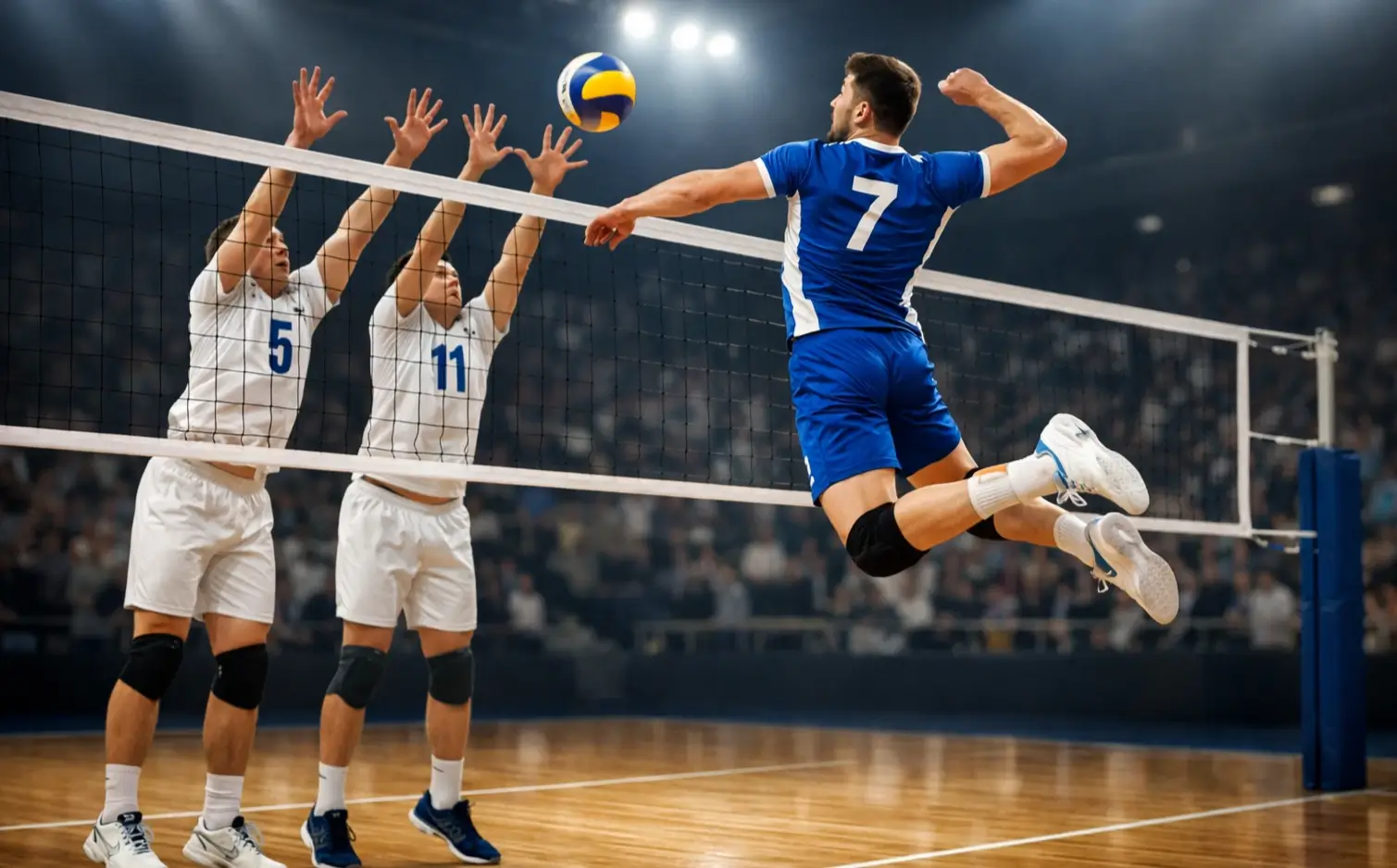 Volleyballspieler beim kraftvollen Angriff am Netz in einer beleuchteten Sporthalle