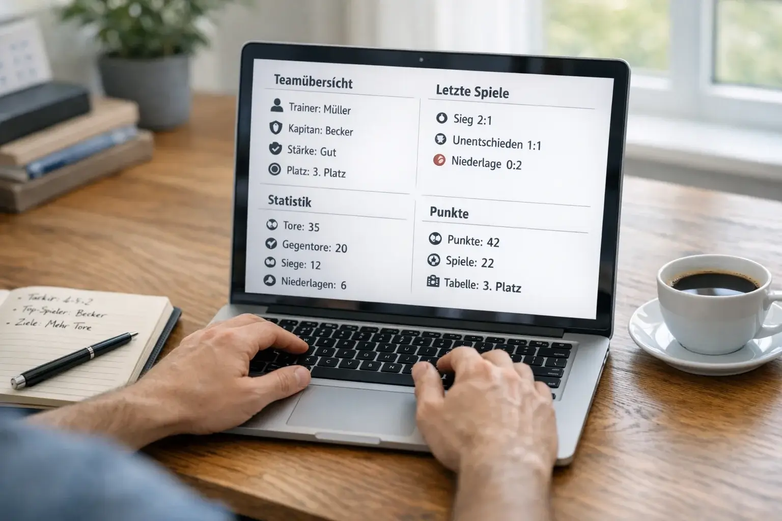 Person analysiert Sportwetten-Statistiken auf einem Laptop mit Notizen