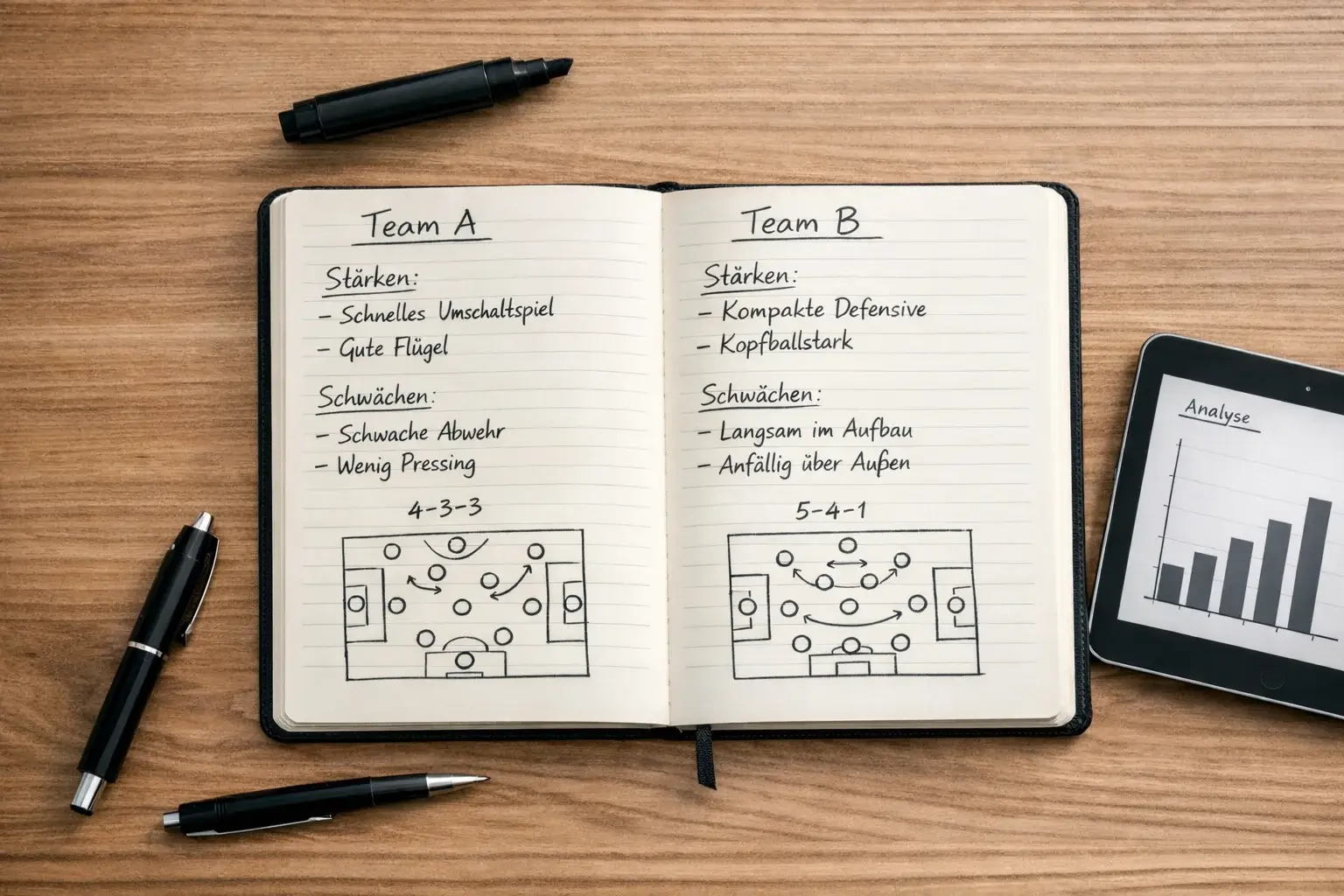 Aufgeschlagenes Notizbuch mit handschriftlichen Spielanalysen und Teamstatistiken