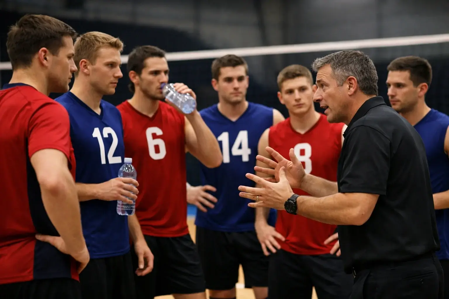 Volleyballmannschaft bespricht Taktik während einer Auszeit