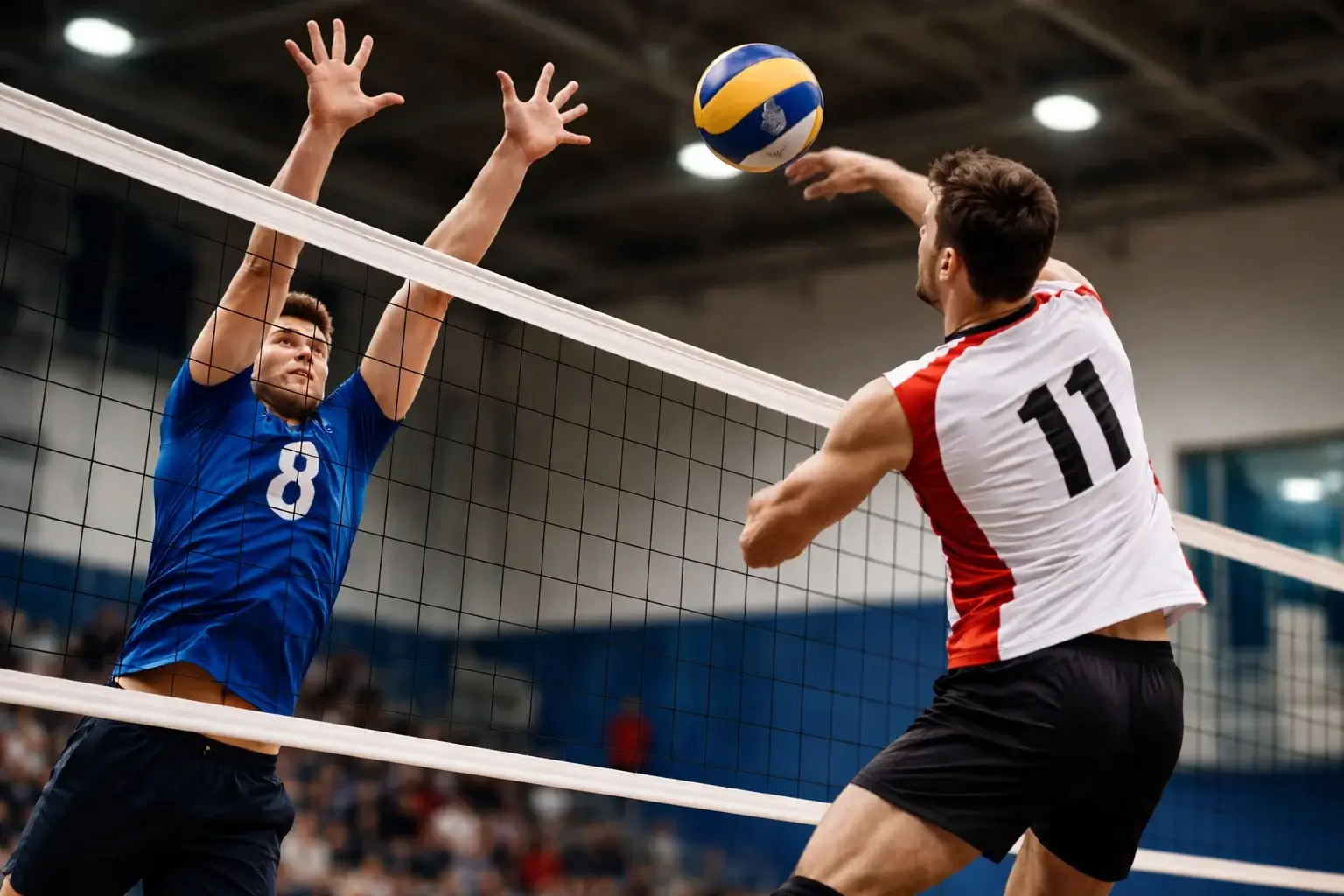 Volleyball-Spieler beim Blockversuch am Netz während eines Bundesliga-Spiels