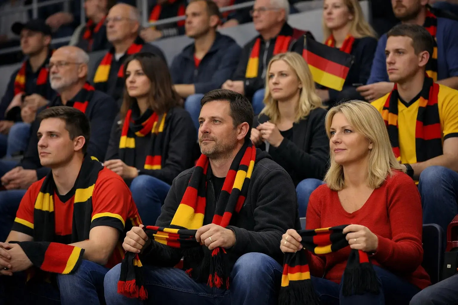 Begeisterte Volleyball-Fans mit Schals und Fahnen auf der Tribüne einer Bundesliga-Halle