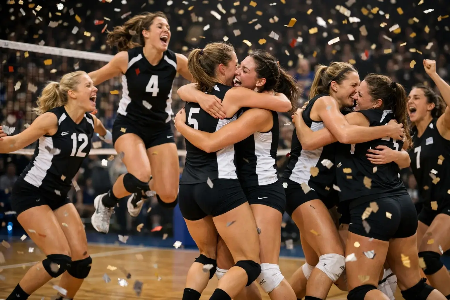 Emotionale Szene nach einem Playoff-Sieg mit jubelnden Volleyball-Spielern auf dem Feld