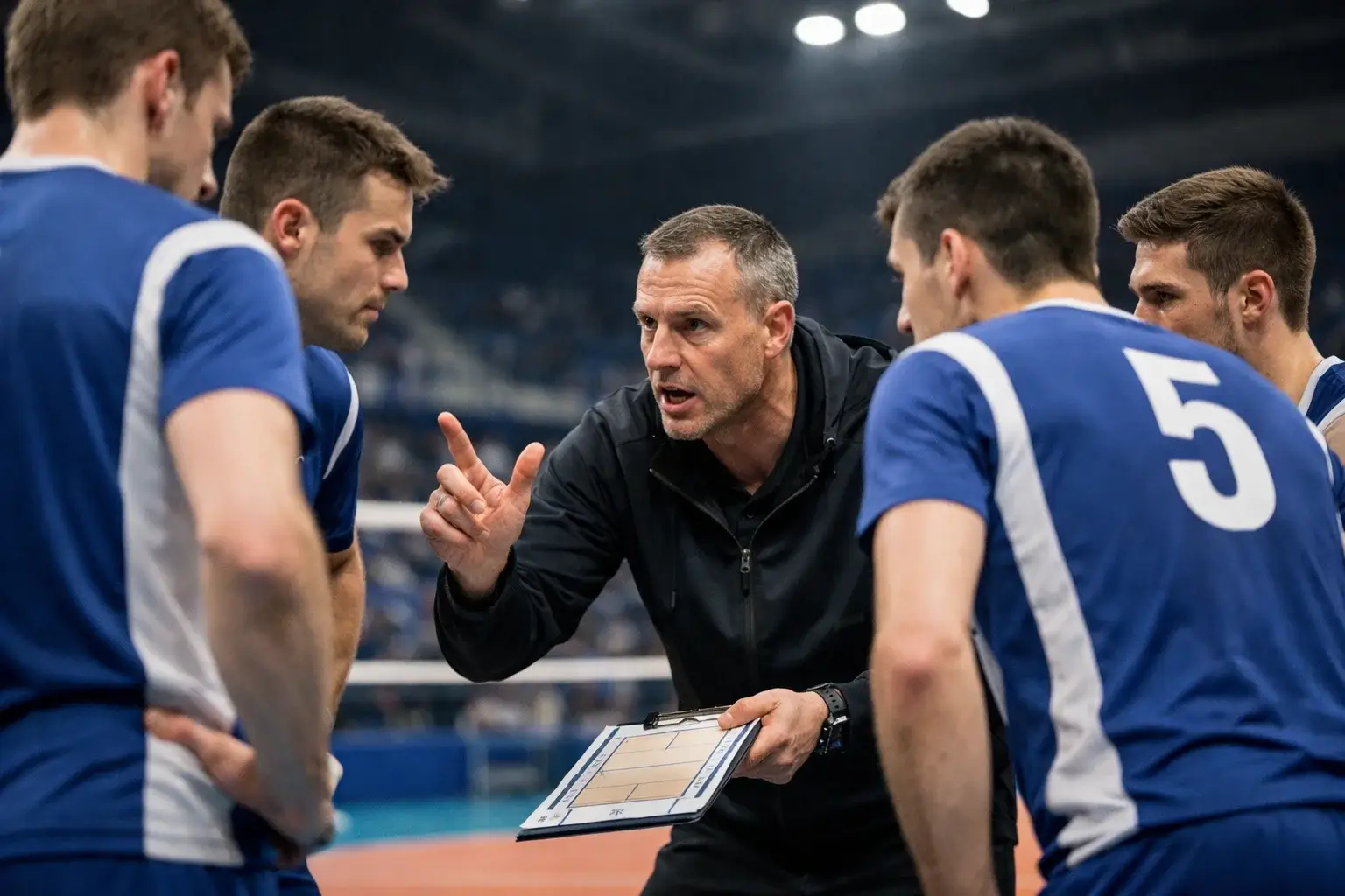 Volleyball-Trainer gibt während einer Auszeit taktische Anweisungen an sein Team