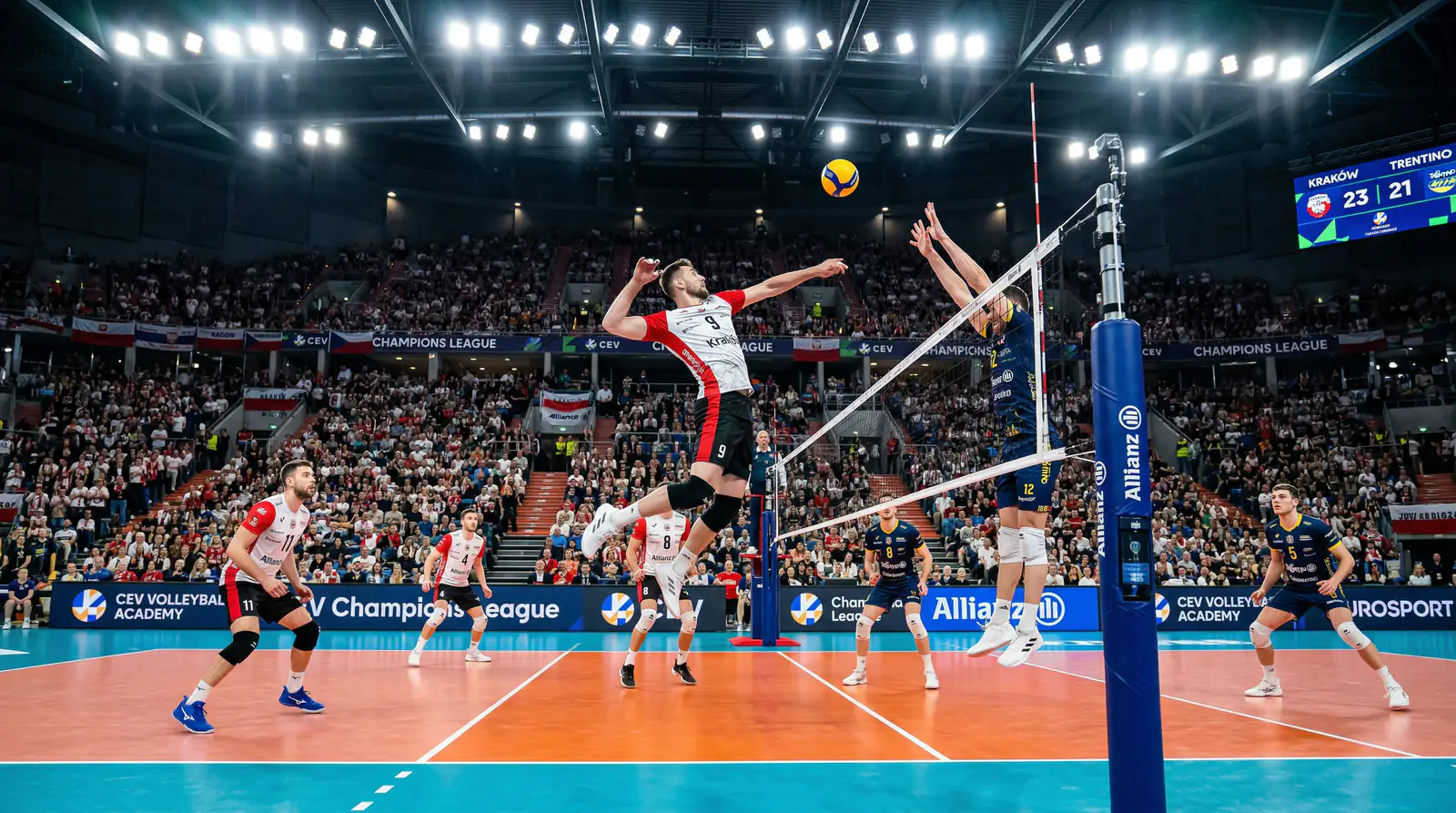 Europäisches Volleyball-Champions-League-Spiel in einer großen Arena mit Spielern am Netz
