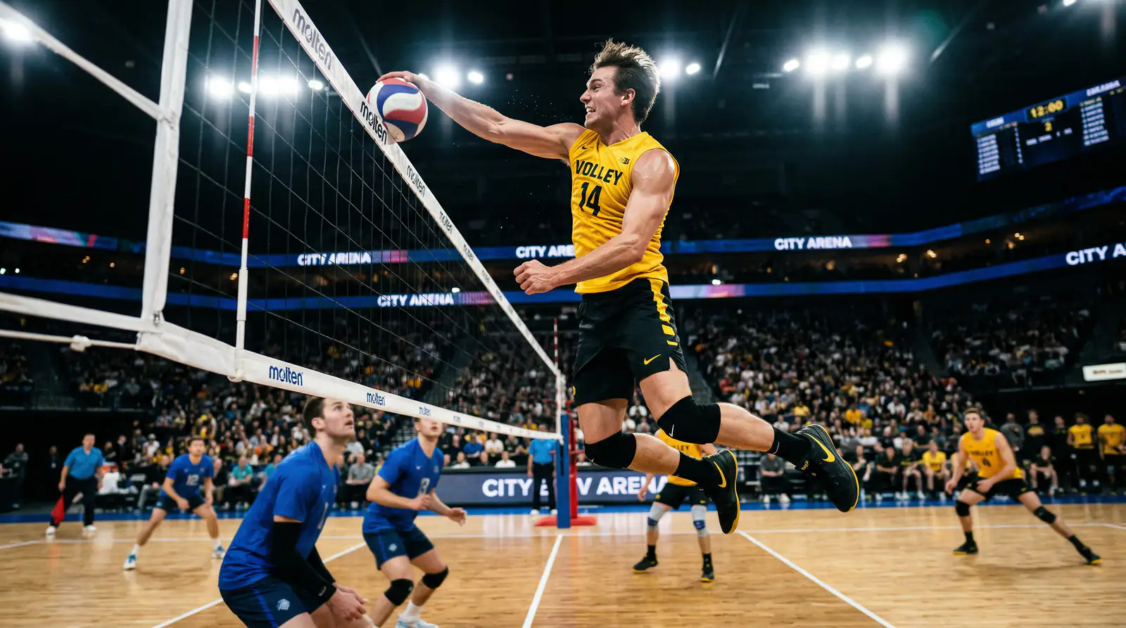 Volleyball-Spieler beim kräftigen Schmetterschlag im Sprung