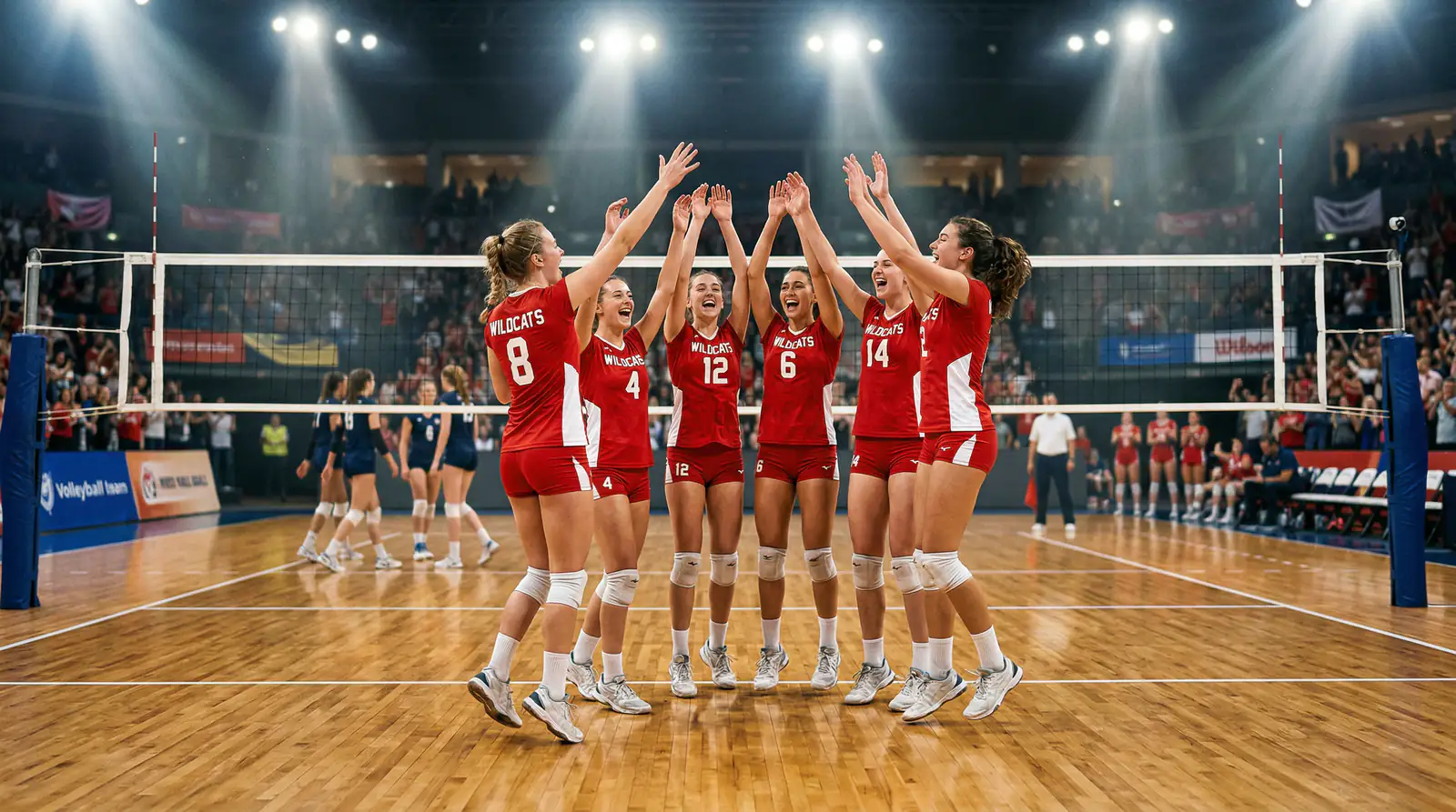 Volleyball-Mannschaft feiert Satzgewinn auf dem Hallenfeld