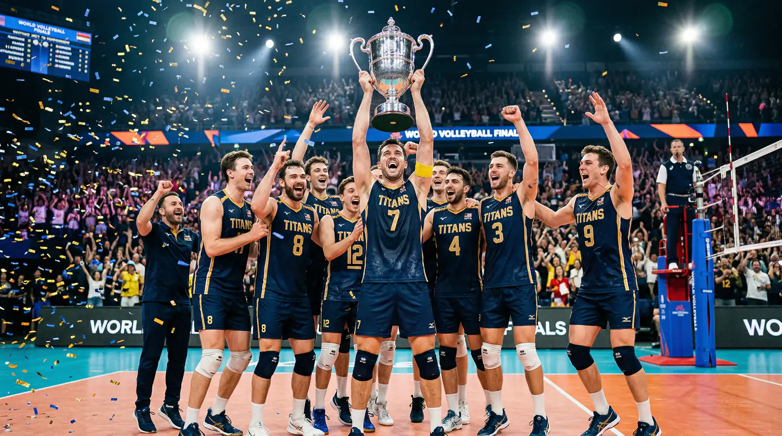 Volleyball-Mannschaft hebt den Pokal nach einem Turnierfinale