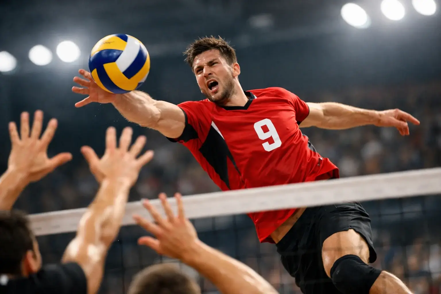 Volleyballspieler beim Schmetterschlag während eines spannenden Ballwechsels