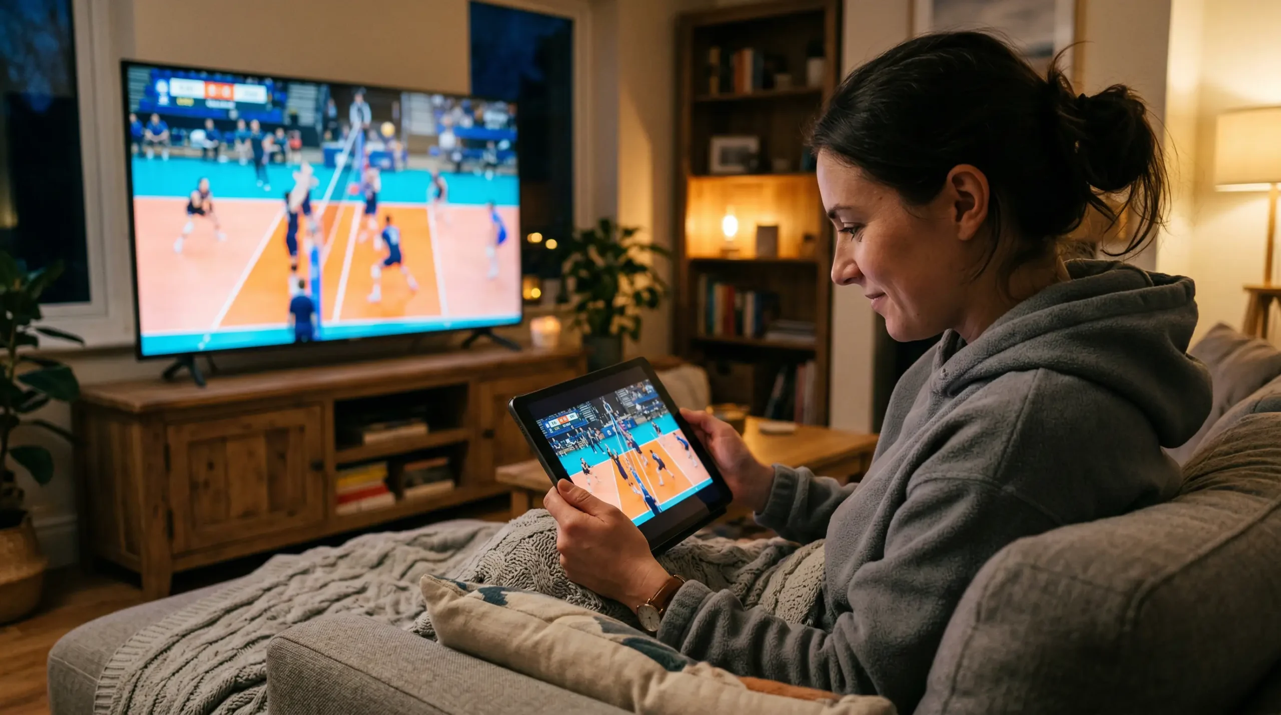 Person schaut ein Volleyball-Livespiel auf einem Tablet neben einem Fernseher