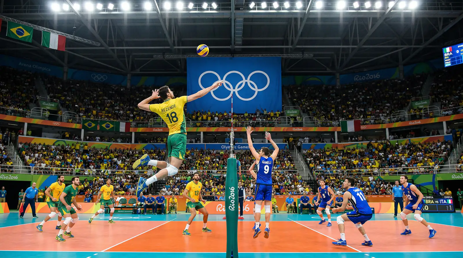 Olympisches Volleyball-Spiel in einer großen Arena mit Nationalmannschaften