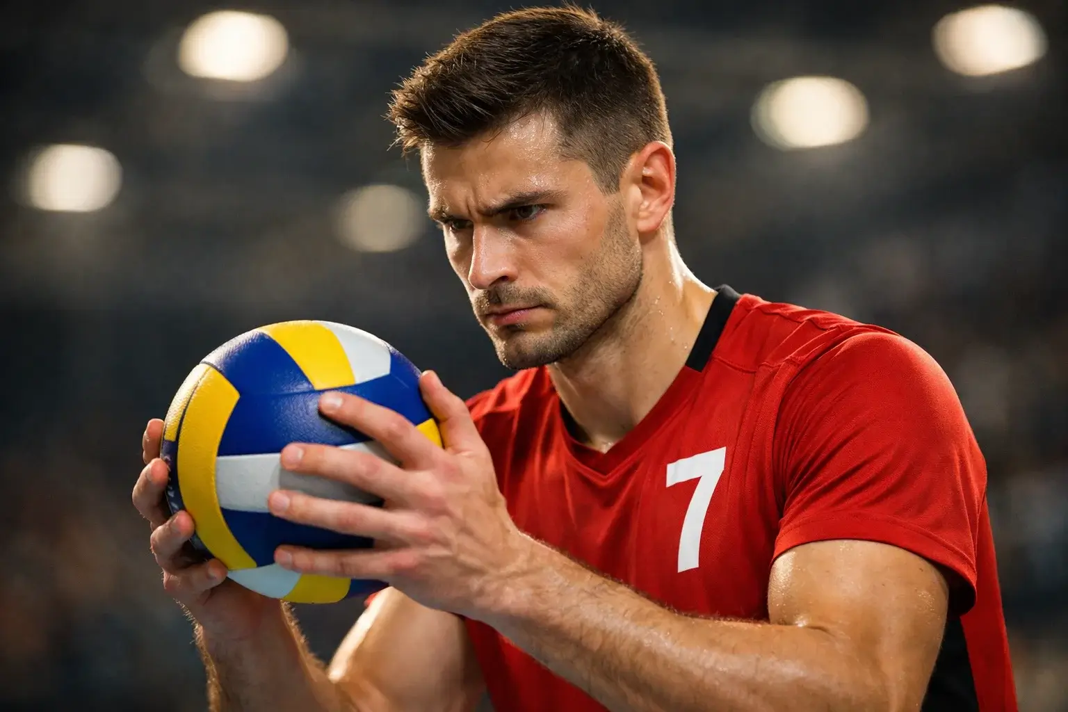 Volleyballspieler konzentriert sich vor dem Aufschlag