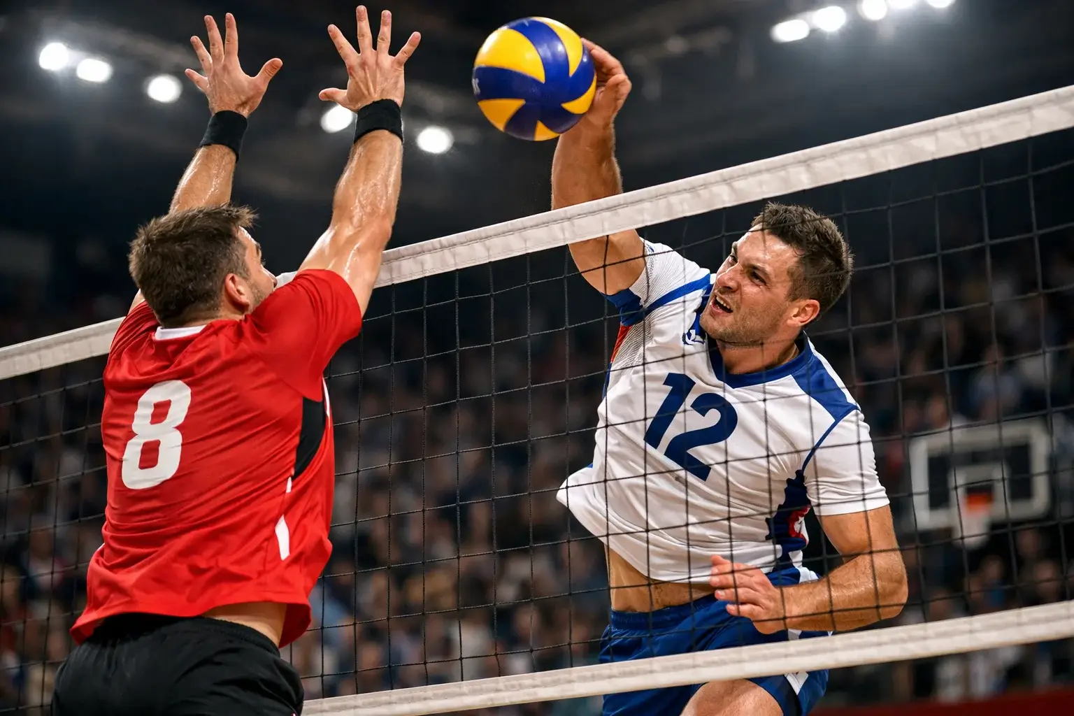 Volleyballspieler während eines intensiven Ballwechsels am Netz
