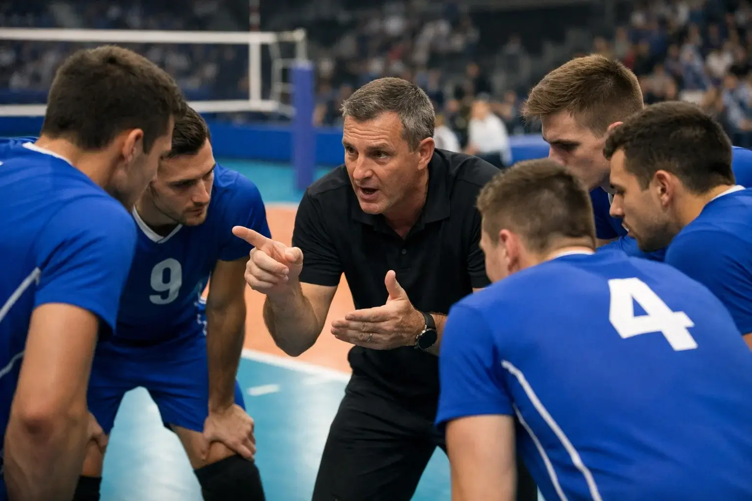 Trainer gibt Anweisungen während einer Auszeit beim Volleyball