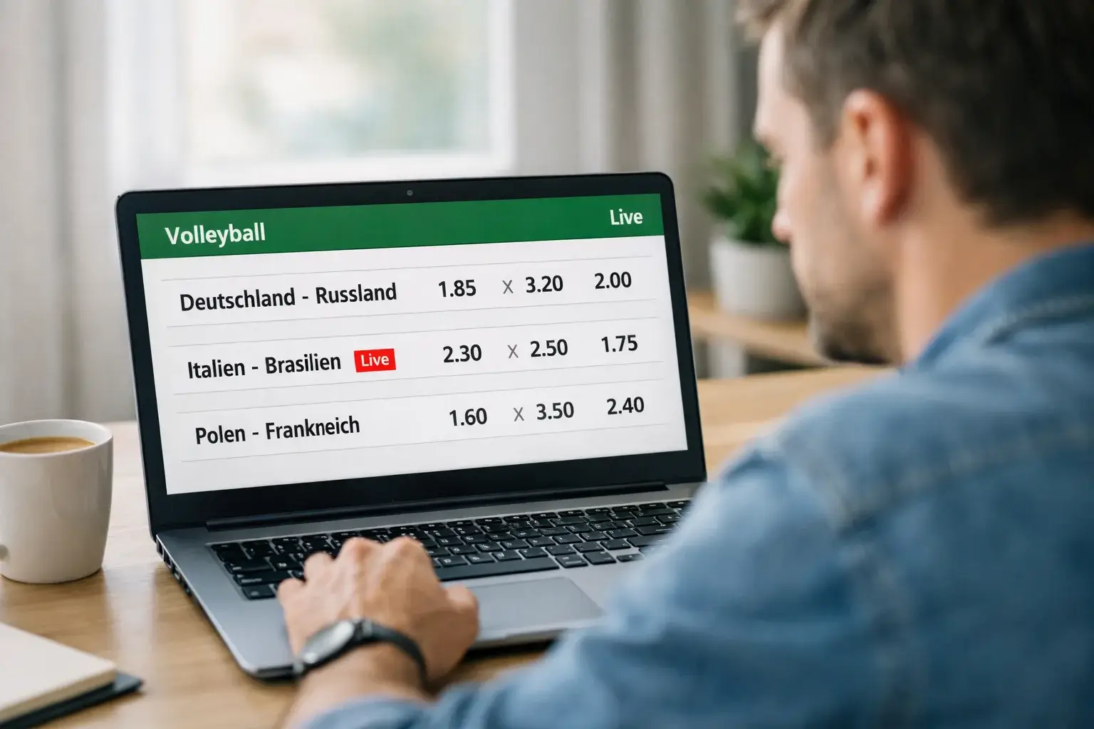 Person analysiert Volleyball-Wettquoten auf einem Laptop