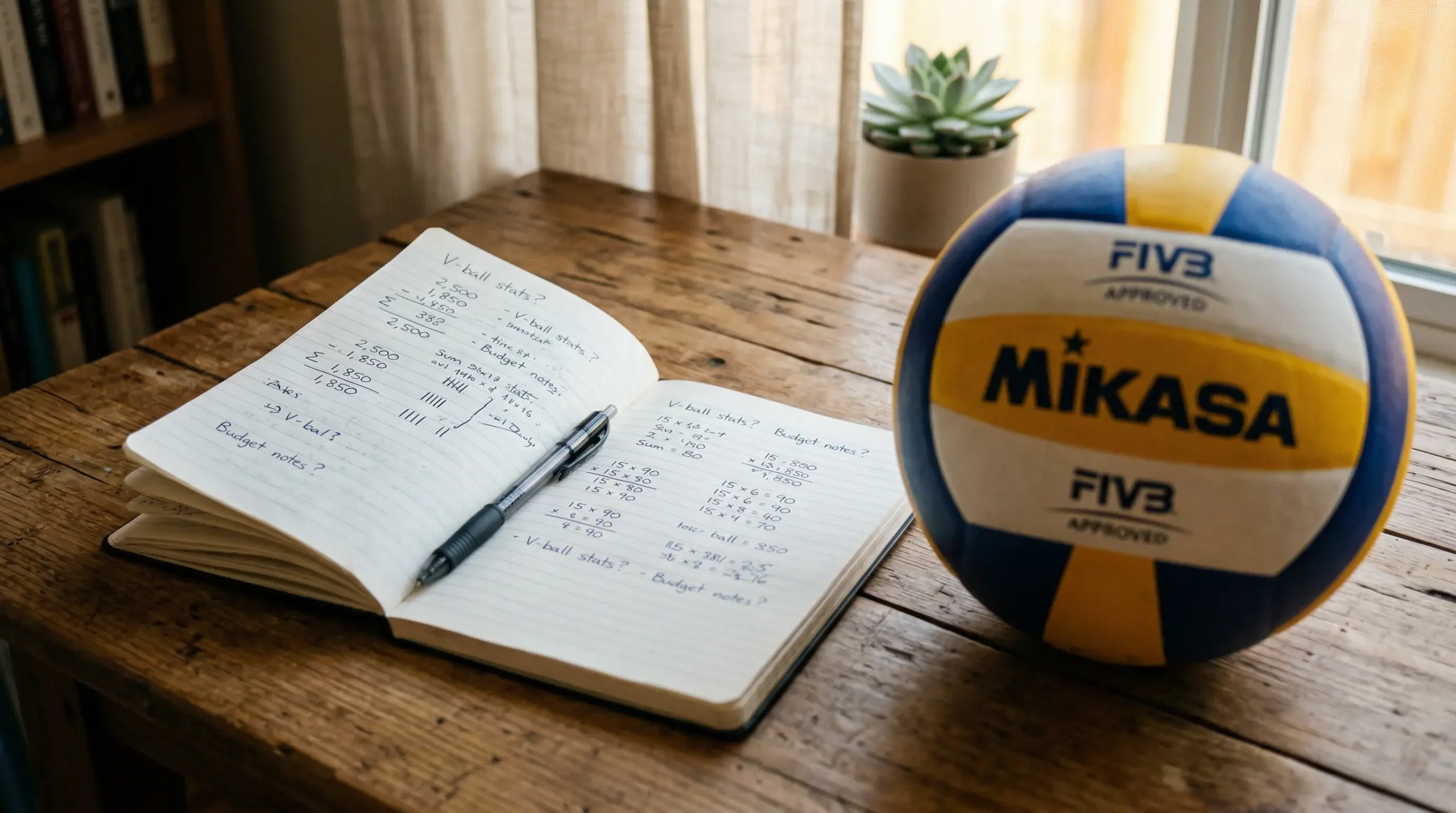 Notizbuch mit handgeschriebenen Quotenberechnungen und einem Volleyball im Hintergrund