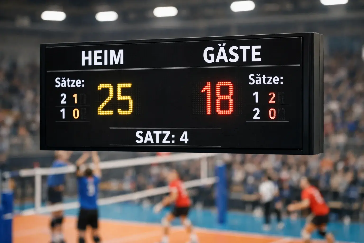 Volleyball-Anzeigetafel mit Satzstand und Punkten in einer Sporthalle