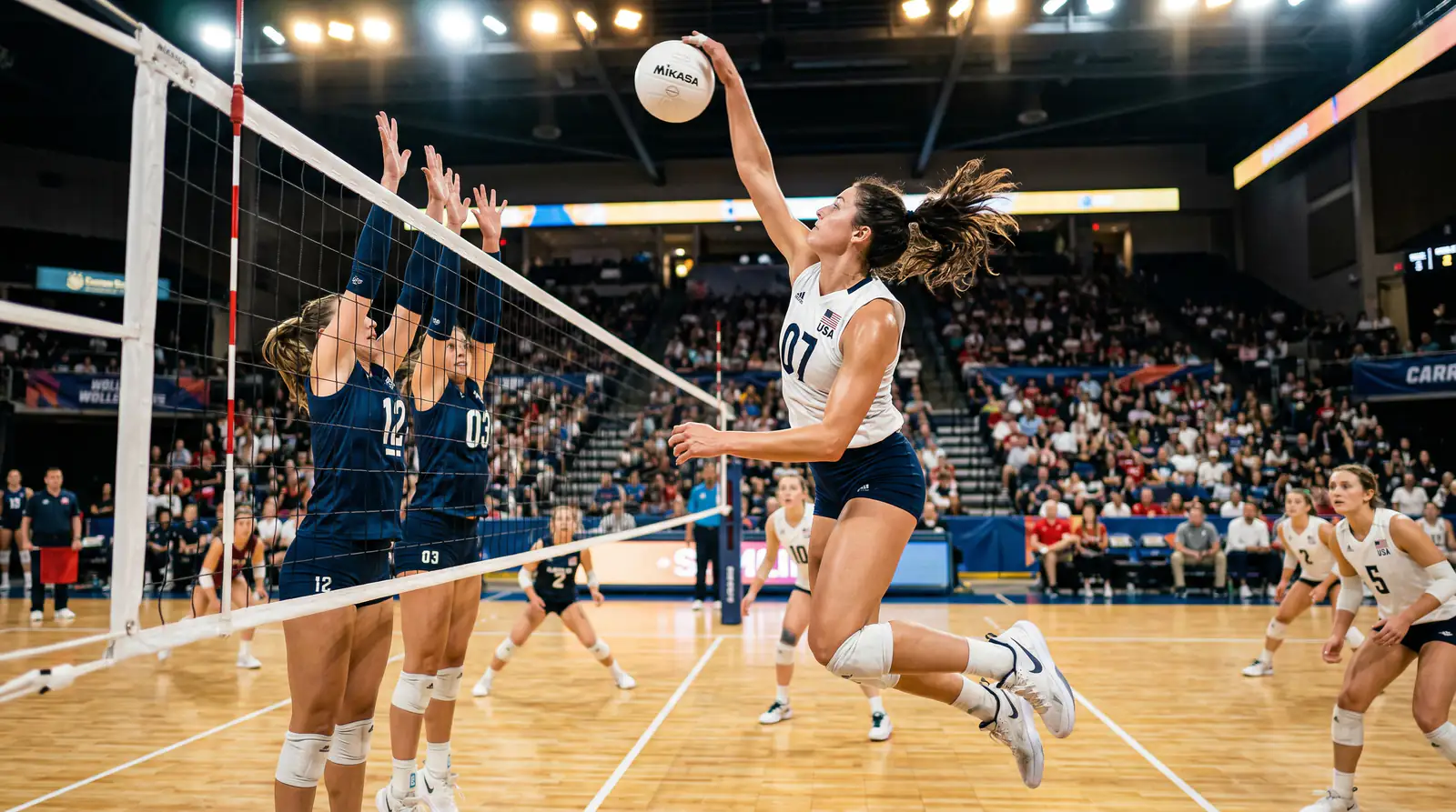 Volleyball-Spielerin schlägt den Ball über das Netz im entscheidenden Satz