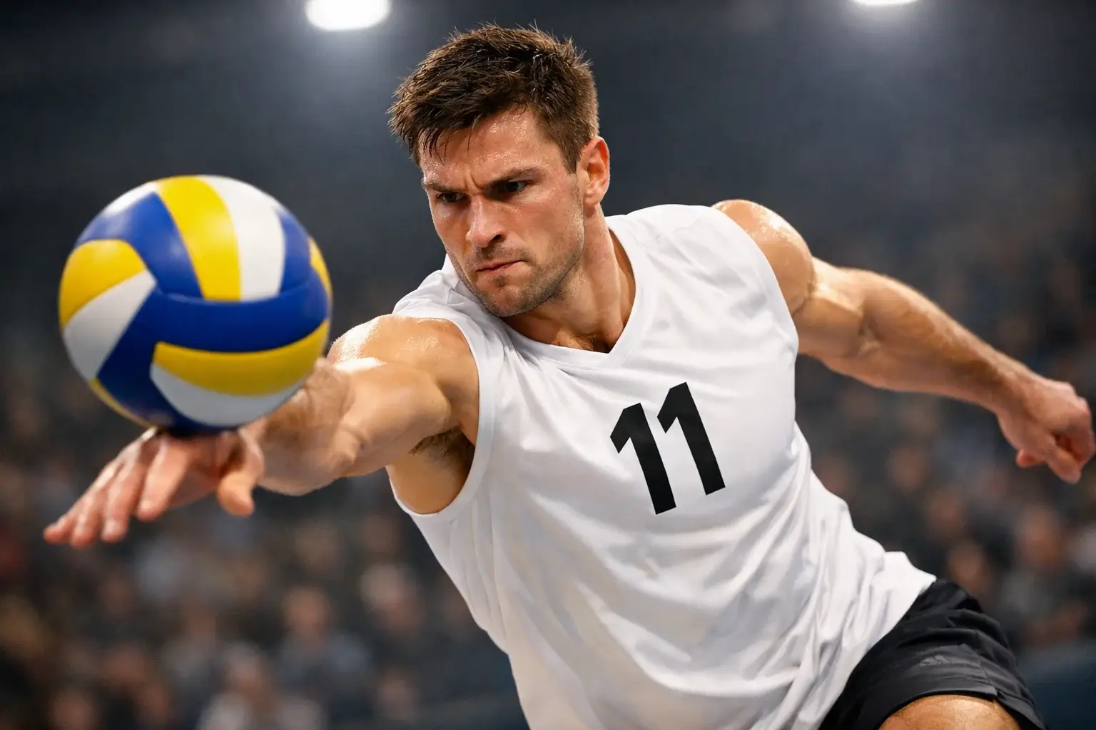 Volleyballspieler beim Angriff am Netz während eines Bundesliga-Spiels