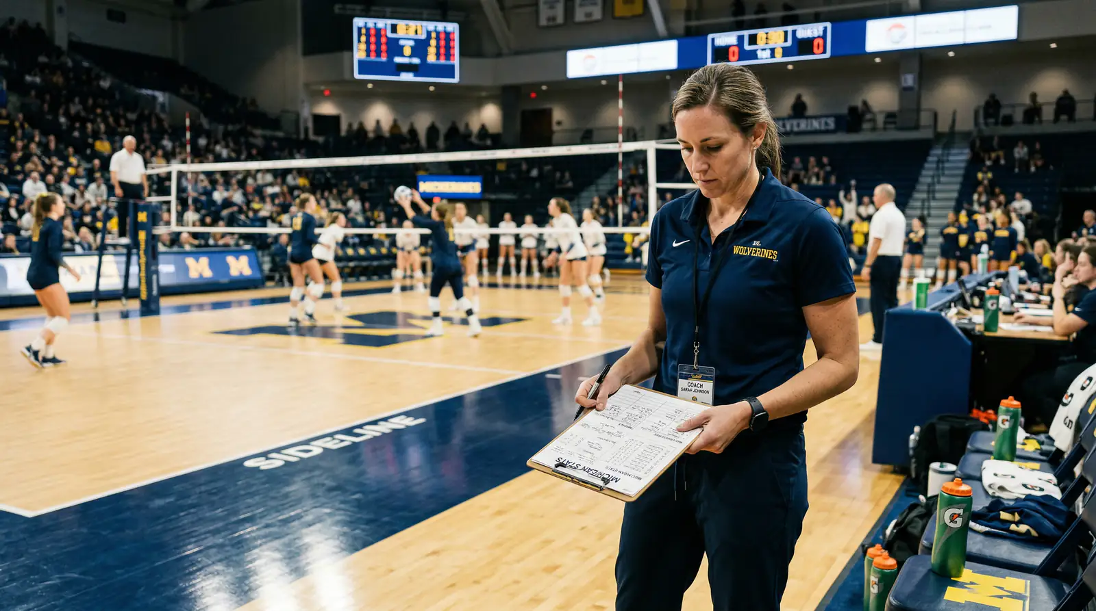 Volleyball-Trainer analysiert Spielstatistiken auf einem Klemmbrett am Spielfeldrand