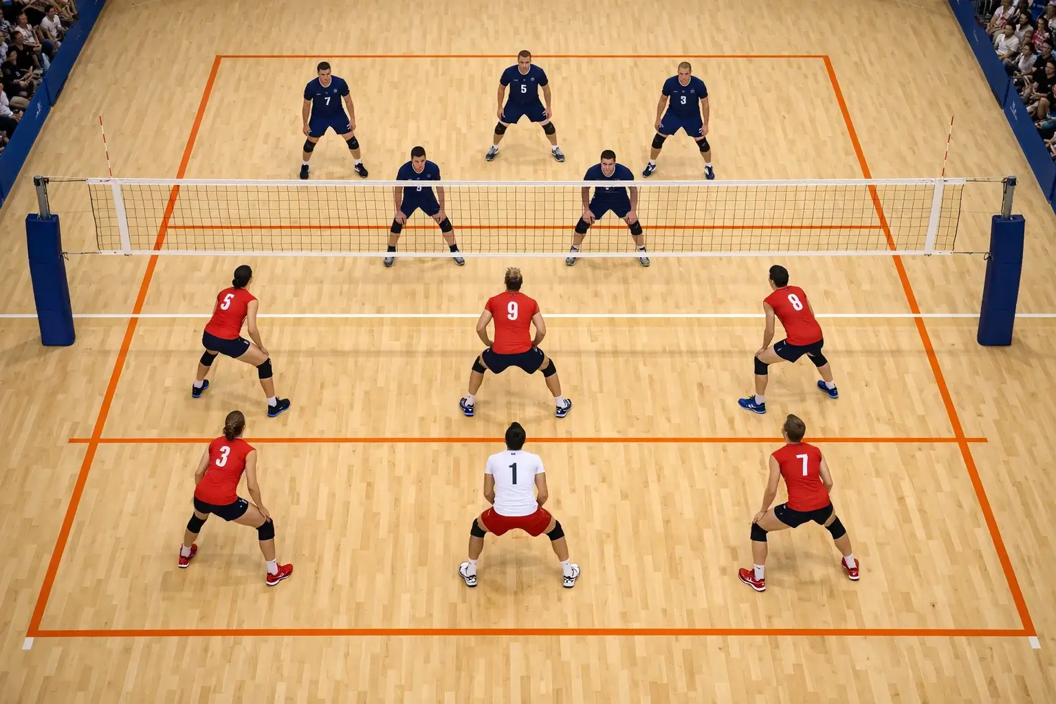 Volleyballfeld mit Spielerpositionen und Netz aus der Vogelperspektive