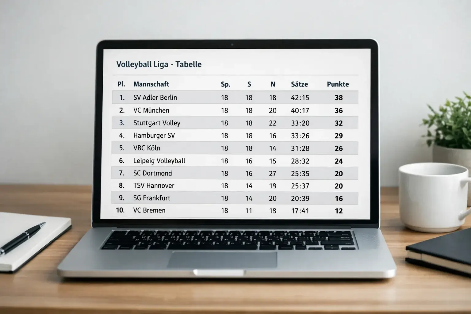 Laptop-Bildschirm zeigt eine Tabelle mit Volleyball-Ligastatistiken