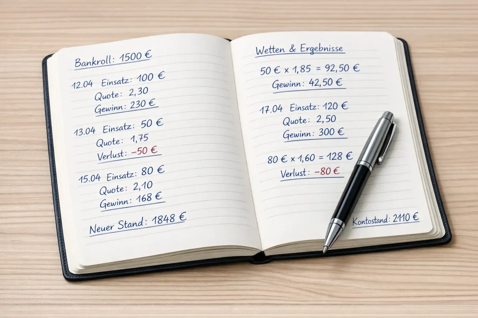 Notizbuch mit handgeschriebenen Wettaufzeichnungen und einem Stift auf einem Schreibtisch