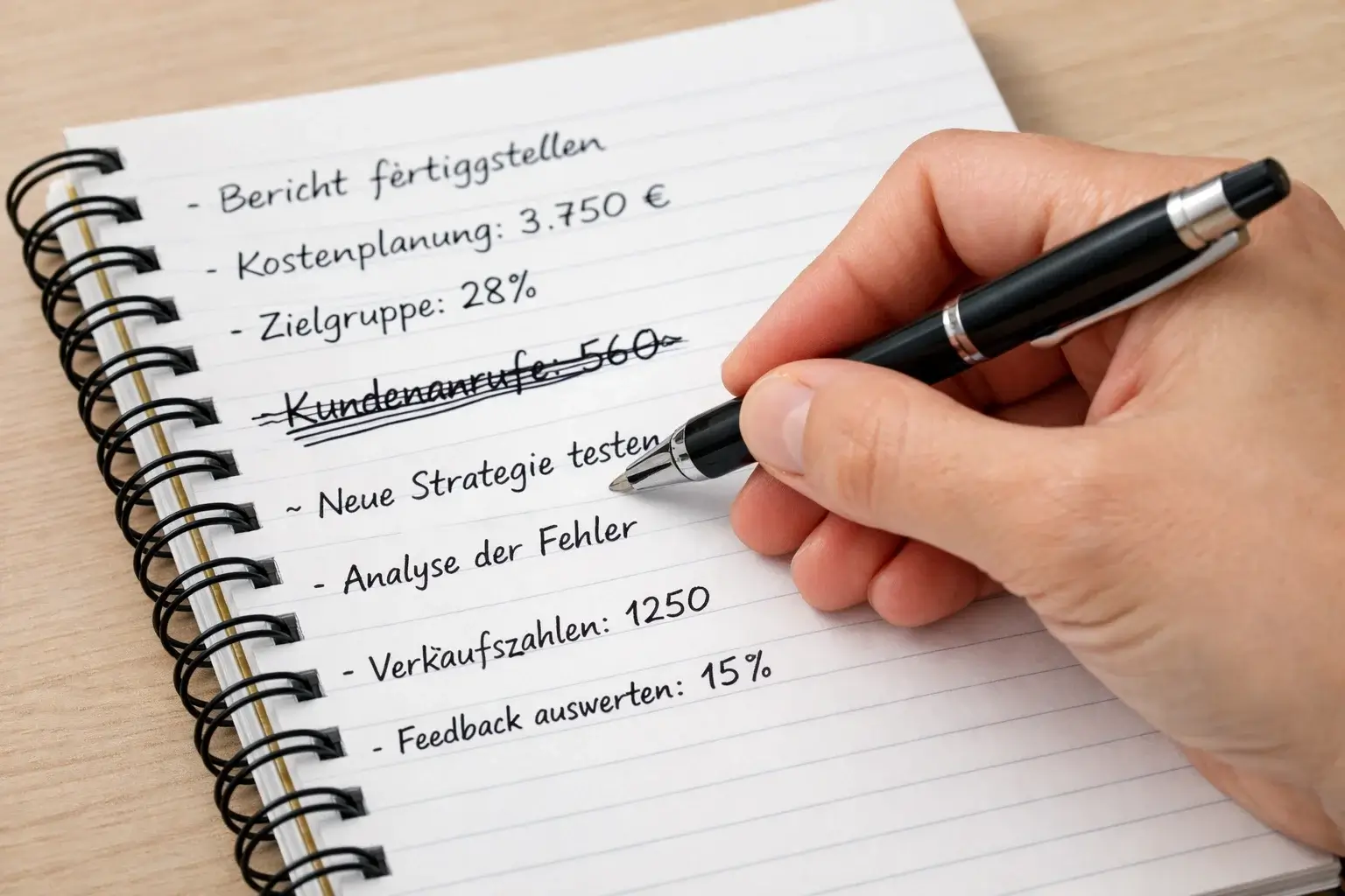 Hand streicht einen Eintrag in einem Notizbuch durch, symbolisiert Lernen aus Fehlern