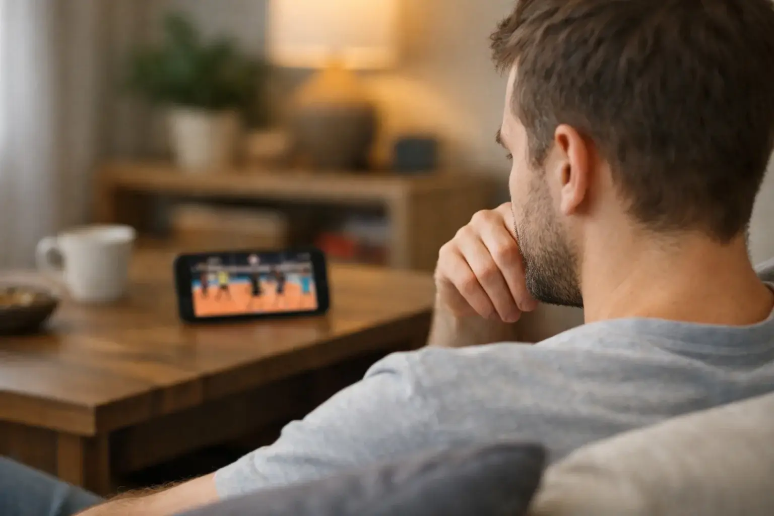 Smartphone zeigt einen Volleyball-Livestream während eines laufenden Spiels