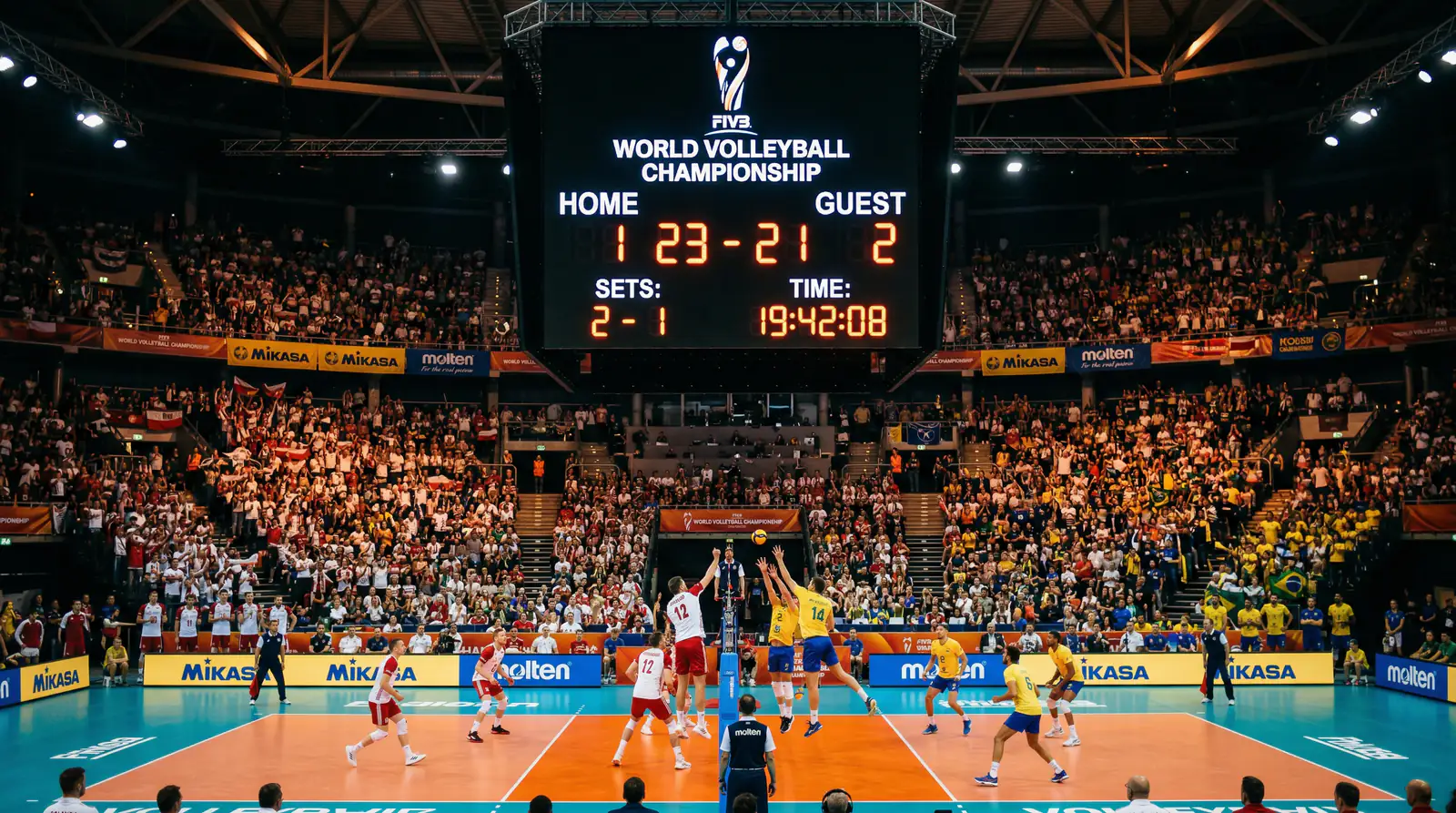 Anzeigetafel in einer Volleyballhalle mit Spielstand während eines Satzes