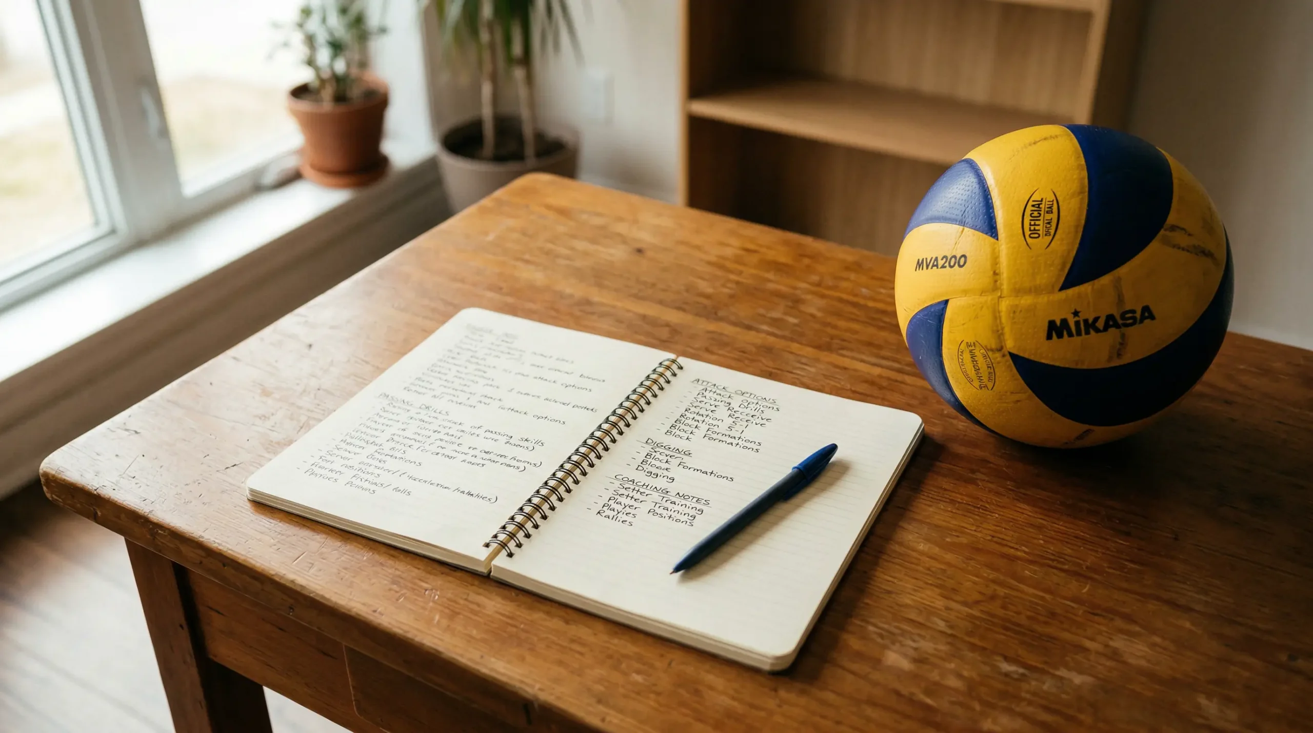 Aufgeschlagenes Notizbuch mit Volleyball-Begriffen neben einem Volleyball