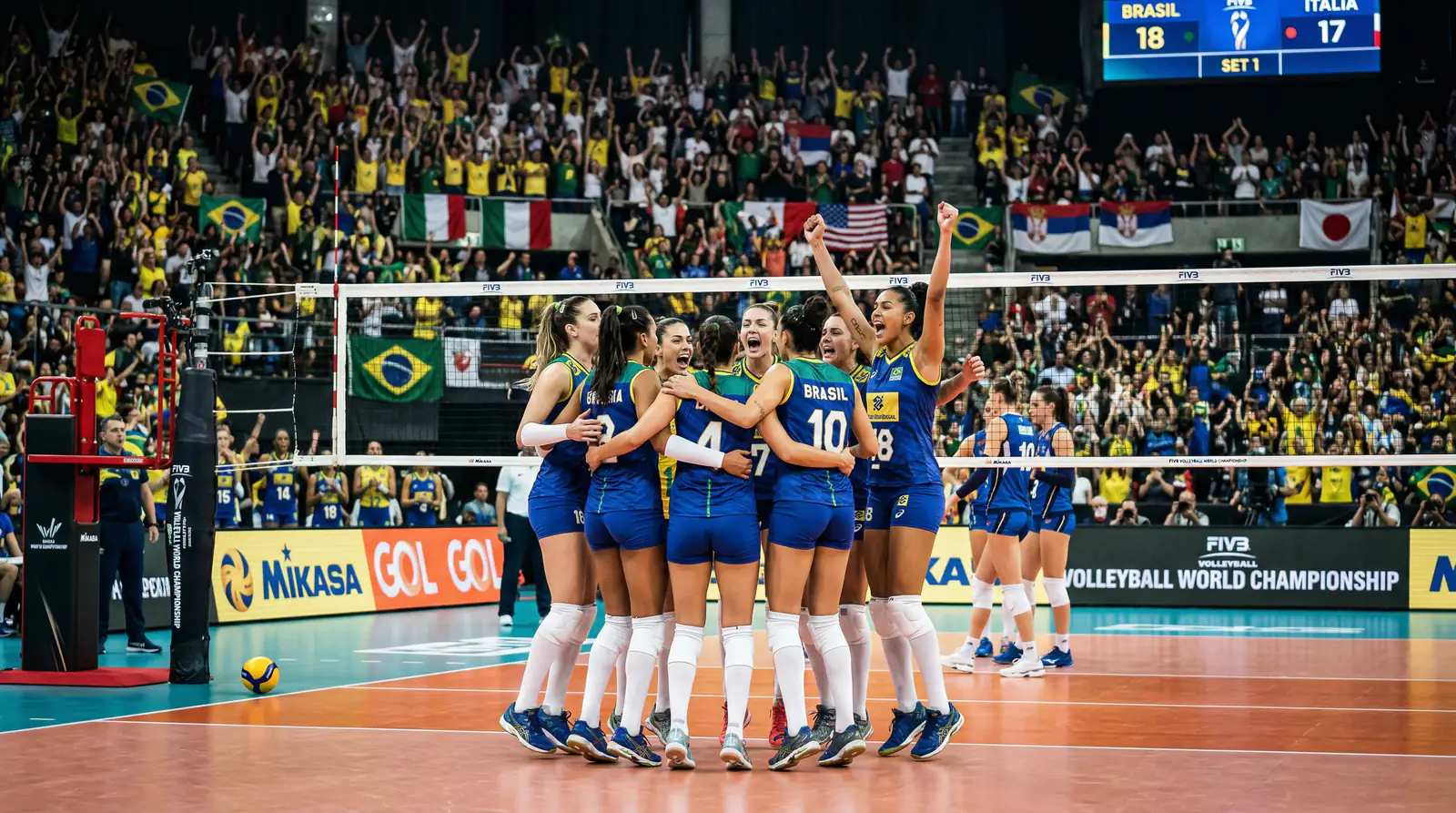 Volleyball-Nationalmannschaft feiert einen Punkt bei einem internationalen Turnier